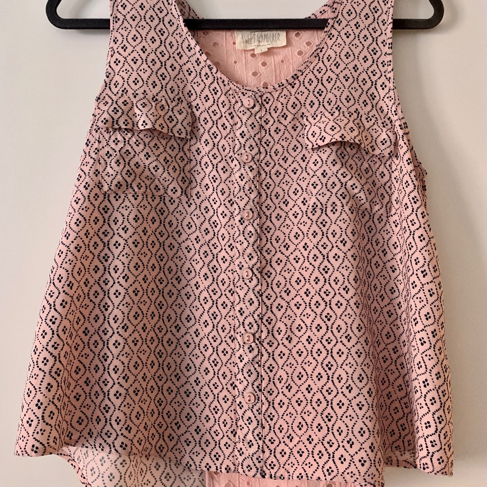 Sweet wandered blouse tank top pink with blue pattern/ Size M